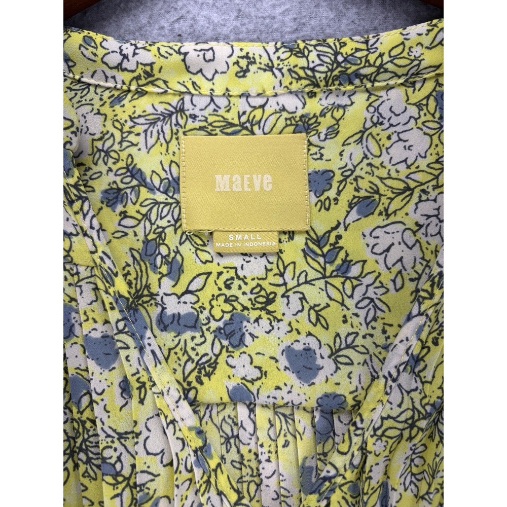 Anthro Maeve Galen Floral Dress Yellow Blue Boho Mini Sz S Pockets Sheer Coastal - Picture 3 of 16